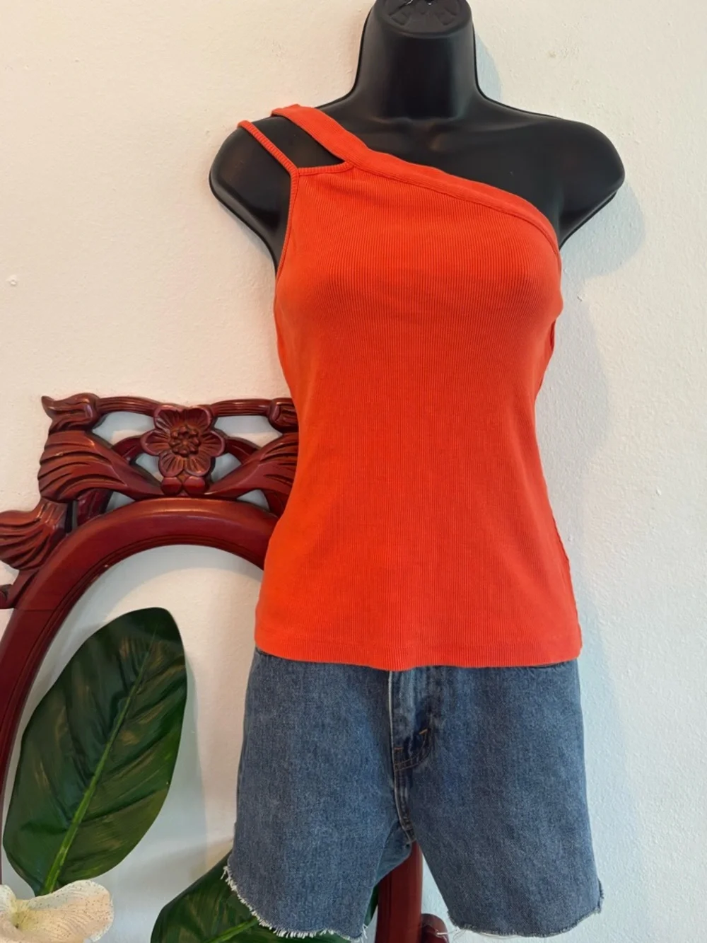 Maeve by Anthropologie One-Shoulder Orange Ribbed Cotton Tank Top - Picture 4 of 4